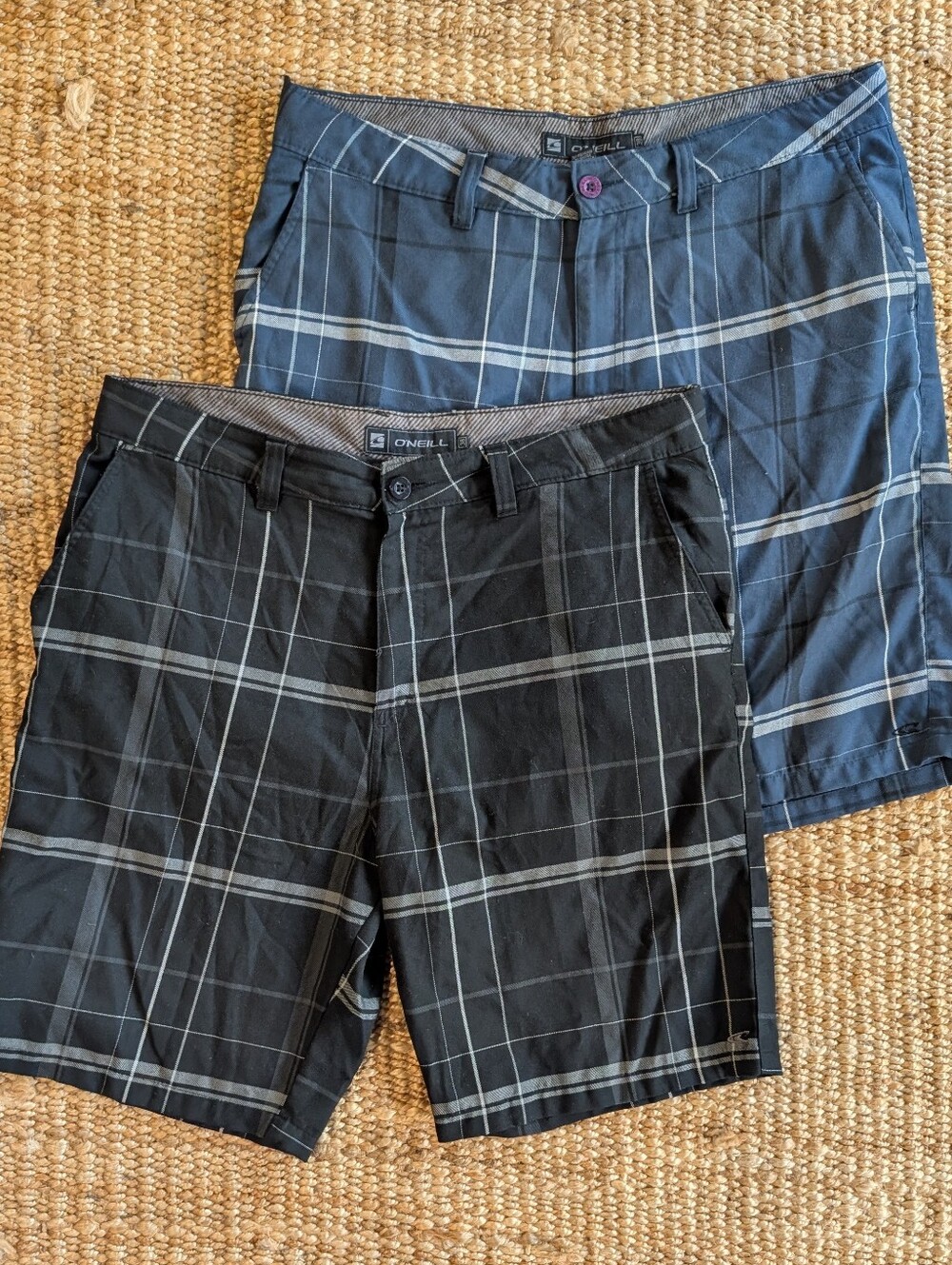 O'Neill Men's Plaid Shorts in Black and Navy, Lot Of Two! Authentic Surf